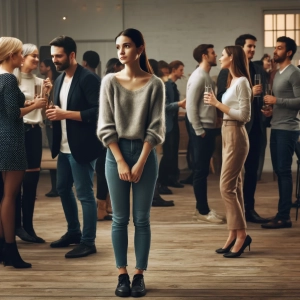 Freu, die vor anderen Menschen steht, die sich interessiert unterhalten. 
