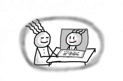 Skizze von zwei Männchen mit vier Haaren, die sich gegenübersitzen. Eines ist im Laptop, das andere vor dem Laptop, mit geschlossenen Augen.