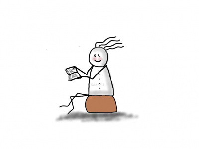 Gezeichnete Figur mit vier Haaren sitzt lächelnd auf einem Meditationskissen und liest ein Buch. Die Haltung ist entspannt und aufrecht. Ausdruck von Ruhe, Interesse und Selbstfürsorge.