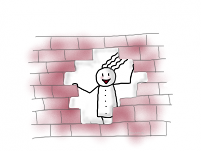 Gezeichnete Figur mit vier Haaren steht lachend in einer durchbrochenen Mauer. Die Backsteine sind zur Seite gedrängt, im Zentrum klafft eine große Öffnung. Ausdruck von Durchbruch, Befreiung und persönlichem Fortschritt.