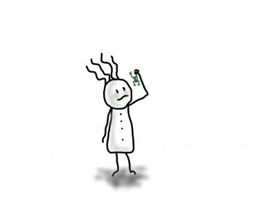 Gezeichnete Figur mit vier Haaren hält eine kleine grüne Kröte hoch und blickt angewidert. Ausdruck von Widerwillen, Notwendigkeit und der inneren Haltung, etwas Unangenehmes trotzdem zu tun.