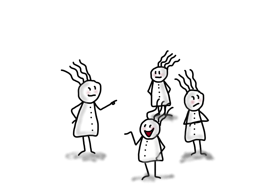 Vier Strichmännchen-ähnliche Figuren mit je vier abstehenden Haaren stehen in einer Gruppe. Jede Figur hat einen anderen Gesichtsausdruck: eine zeigt auf eine andere und lächelt leicht, eine steht abseits und wirkt traurig, eine lacht offen und gestikuliert, die vierte schaut verunsichert zur Seite. Die Szene symbolisiert eine systemische Aufstellung mit unterschiedlichen Positionen und Emotionen innerhalb eines Systems.