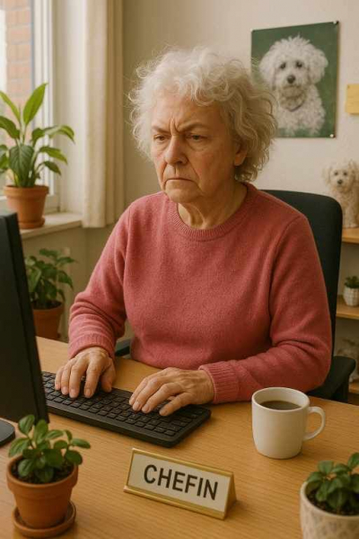 KI generiertes Bild einer Seniorin, die am Schreibtisch mit einer Tasse Kaffee sitzt und sehr konzentriert auf den Bildschirm schaut. Im Hintergrund hängt ein Poster mit Pudel.