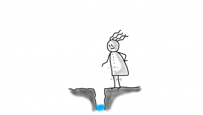 Ein Vierhaar steht zögernd an einer Klippe vor einem Abgrund mit einem kleinen blauen Fluss. Es wackelt unsicher, als müsste es sich gleich entscheiden, ob es springt. Die Figur wirkt ruhig, aber konzentriert.