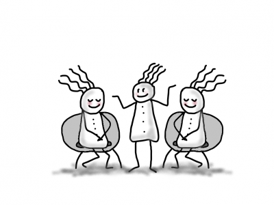 Illustration zum Blogartikel „Yager-Code oder Simpson-Protokoll?“ – Drei Vierhaare-Figuren stellen eine hypnotherapeutische Sitzung dar: Zwei sitzen entspannt mit geschlossenen Augen auf Stühlen (symbolisch für Klient:innen in Trance), die mittlere Figur steht dazwischen mit offenen Armen (symbolisch für das Überbewusstsein oder die therapeutische Begleitung). Die Szene vermittelt Ruhe, Vertrauen und Struktur – passend zu den beiden vorgestellten Methoden.