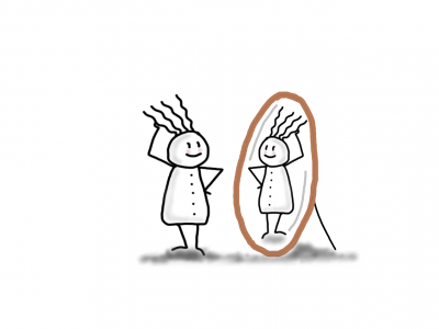 Vierhaar, Illustration von Claudia Stellmacher-Köthe, mit abstehenden Haaren betrachtet sich selbstbewusst in einem ovalen Spiegel, lächelt und steht in selbstsicherer Pose.
