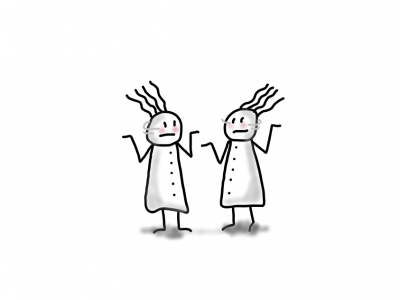 Illustration mit zwei Vierhaar-Figuren, die ratlos nebeneinanderstehen. Das Bild symbolisiert den fehlenden Nasenfaktor im Coaching – wenn die Chemie zwischen Coach und Klient nicht stimmt.