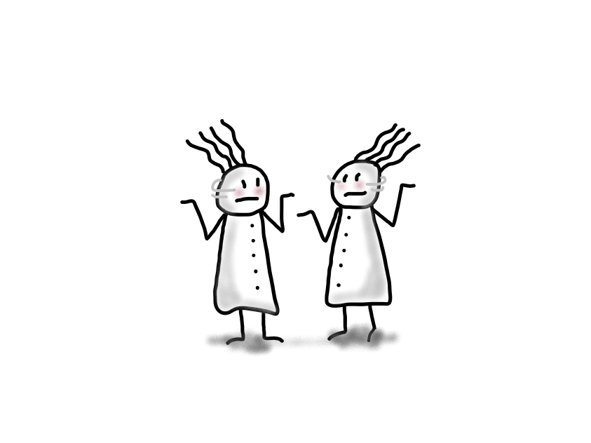 Illustration mit zwei Vierhaar-Figuren, die ratlos nebeneinanderstehen. Das Bild symbolisiert den fehlenden Nasenfaktor im Coaching – wenn die Chemie zwischen Coach und Klient nicht stimmt.