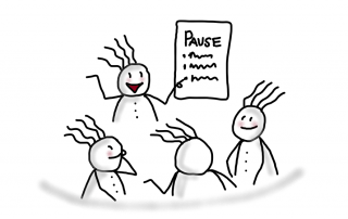 Vierhaar-Illustration: Vier Figuren sitzen zusammen, eine erklärt am Flipchart das Thema ‚Pause‘. Symbolbild für Entspannung, Workshop und kleine Auszeiten.