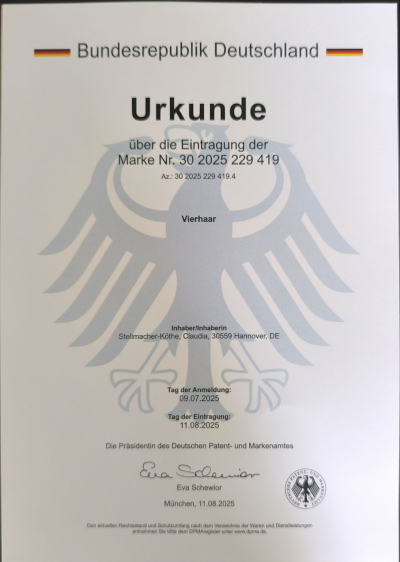 Urkunde des DPMA über die offizielle Eintragung der Marke Vierhaar®