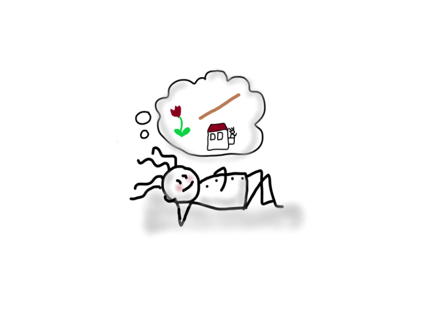 Vierhaar-Figur liegt entspannt auf dem Rücken und denkt an zufällige Bilder: eine Tulpe, einen Stock und ein Haus – Darstellung der Cognitive-Shuffling-Technik (Gedankenmischen) zum Einschlafen.