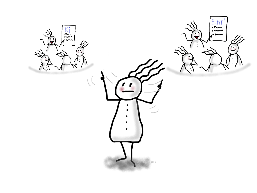 Zeichnung: In der Mitte steht eine Vierhaar-Figur mit unsicherem Gesichtsausdruck und erhobenen Händen. Links eine Gruppe Vierhaar-Figuren vor einem Plakat mit der Aufschrift „KI“. Rechts eine Gruppe Vierhaar-Figuren vor einem Plakat mit der Aufschrift „Echt“. Die mittlere Figur wirkt hin- und hergerissen zwischen beiden Bereichen