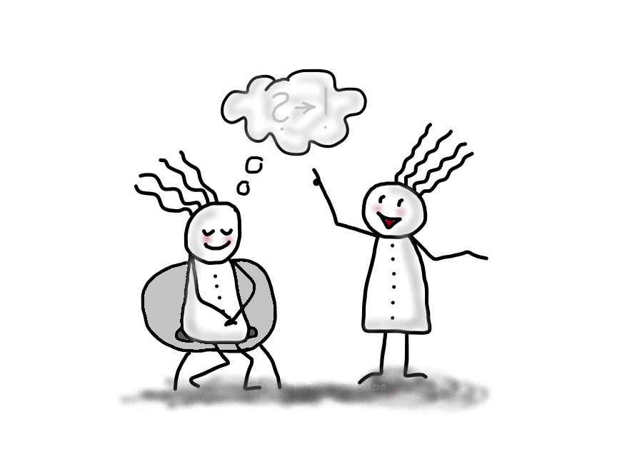 Zwei Vierhaar-Figuren während einer Hypnosesitzung: Eine sitzt entspannt mit geschlossenen Augen auf einem Stuhl, die andere steht daneben, lächelt und zeigt auf eine Gedankenwolke mit einem Fragezeichen, das sich in ein Ausrufezeichen verwandelt – Sinnbild für Erkenntnis und innere Klarheit.