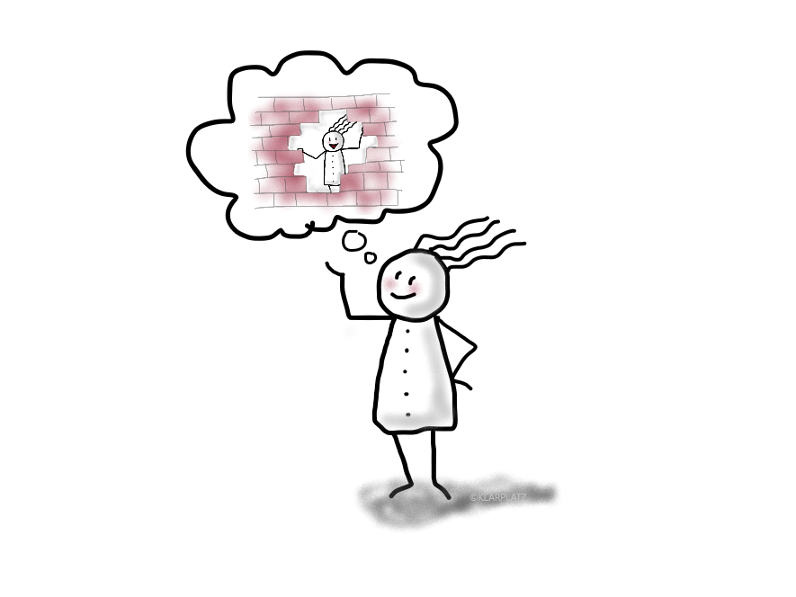 Gezeichnete Vierhaar-Figur steht ruhig da und denkt an eine Mauer mit einer Öffnung, hinter der eine weitere Figur sichtbar wird. Illustration symbolisiert innere Blockaden und neue Perspektiven.