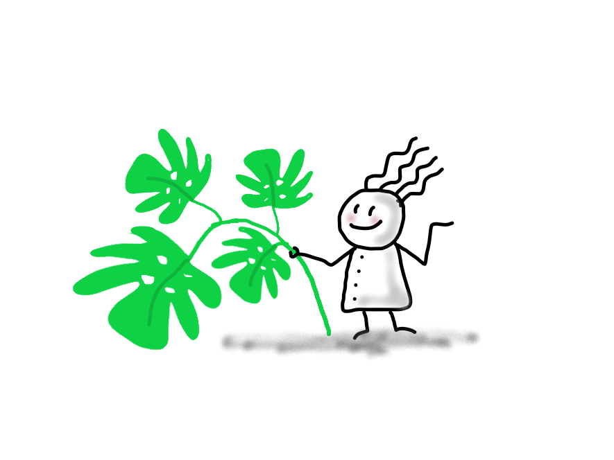 Vierhaar®, das glücklich ein riesiges Monstera-Blatt präsentiert.