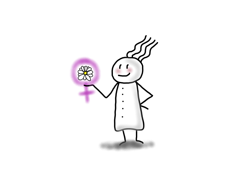 Vierhaar-Figur mit Blume und lila Frauenzeichen als Symbol für Feminismus und Weltfrauentag