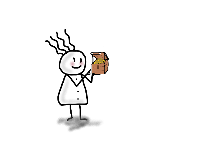 Vierhaar-Figur mit einer geöffneten Schatzkiste als Symbol für verborgene Kompetenzen im Lebenslauf