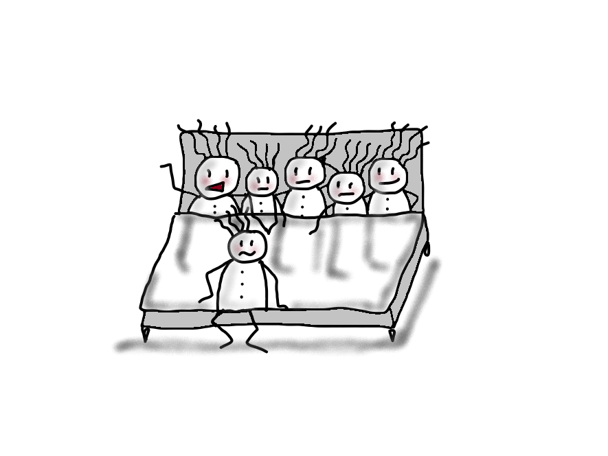 Vierhaar sitzt vor einem überfüllten Bett und zeigt bildhaft, wie Gedanken, Sorgen und innere Stimmen den erholsamen Schlaf stören können.