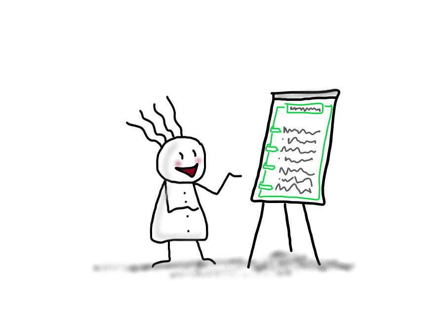 Ein fröhliches Vierhaar präsentiert eine lange Liste mit grün markierten Punkten auf einem Flipchart.